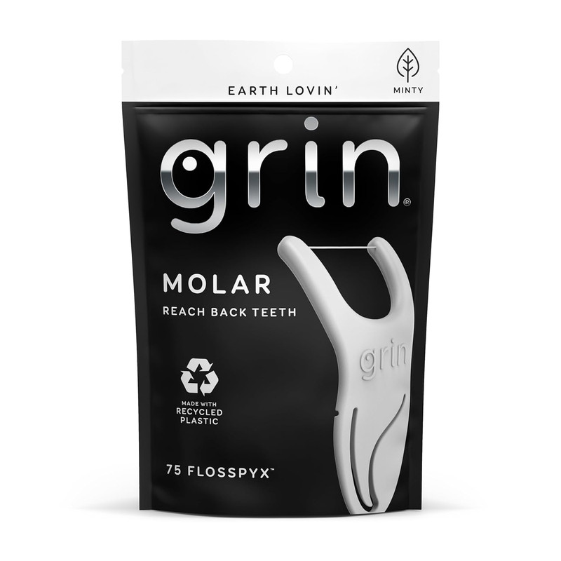 GRIN Molar Flosspyx, Floss Picks, 75 Count, Dental Flossers, Minty Flavor, Recyc