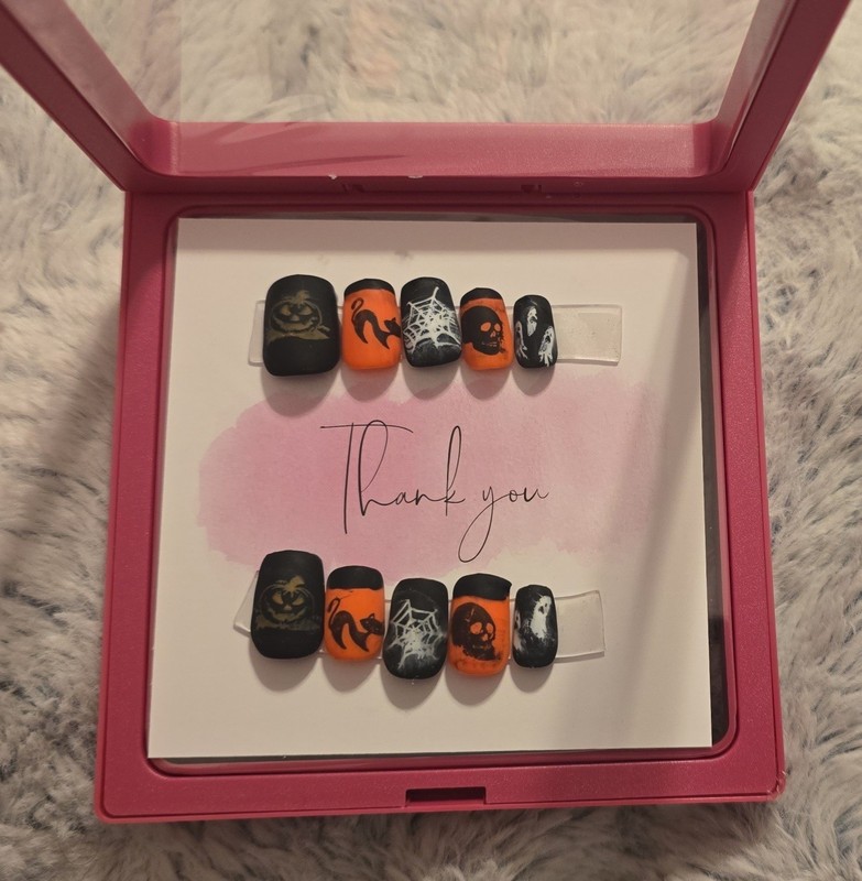 Black Orange Matte Short Square Halloween Press-On Nails Set, Pre-Designed