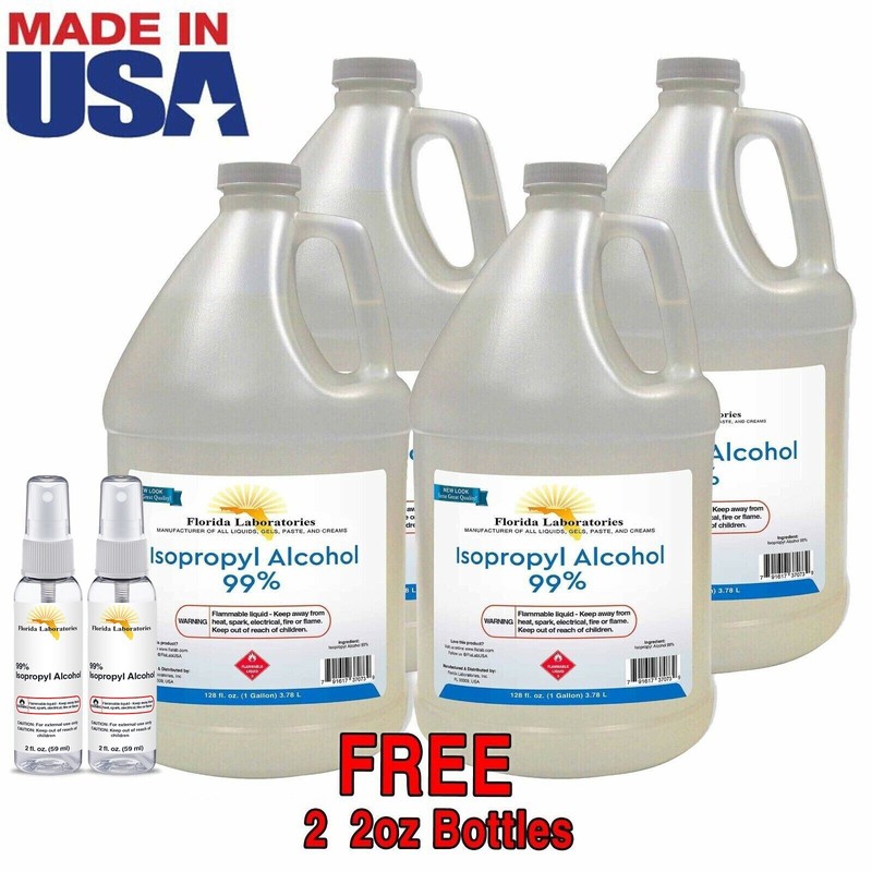 ISOPROPYL ALCOHOL 99% High Purity – 4 Gallons + 2 FREE 2oz Bottles Free Shipping