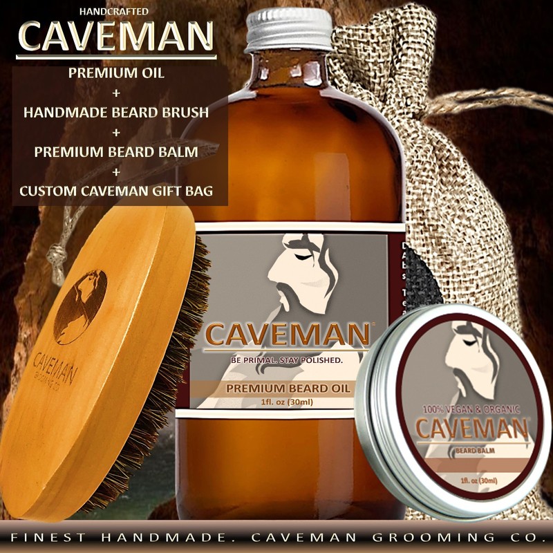 Hand Crafted Caveman® Beard Oil Conditioner + Beard Balm + Brush KIT gallery