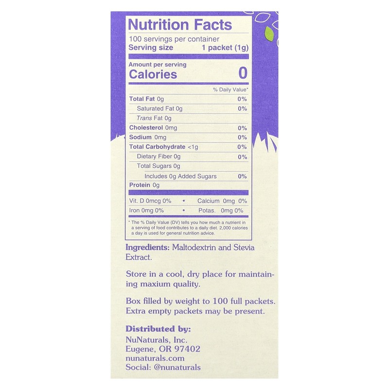 NuNaturals NuStevia White Stevia Powder 100 Packets 3 5 oz 100 g Soy-Free, gallery