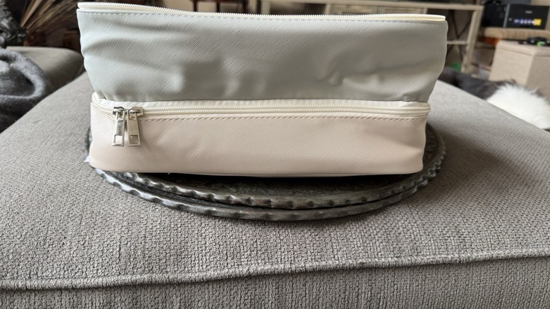 Beige & White Double Zipper Makeup Bag with Handle and Pockets