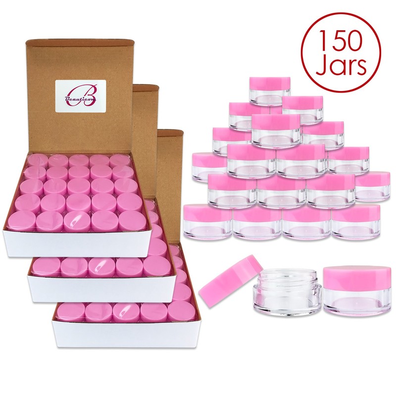 Beauticom® 5G/5ML (150 PCS) HQ Round Clear Plastic Refillable Jars w/ Pink Lids
