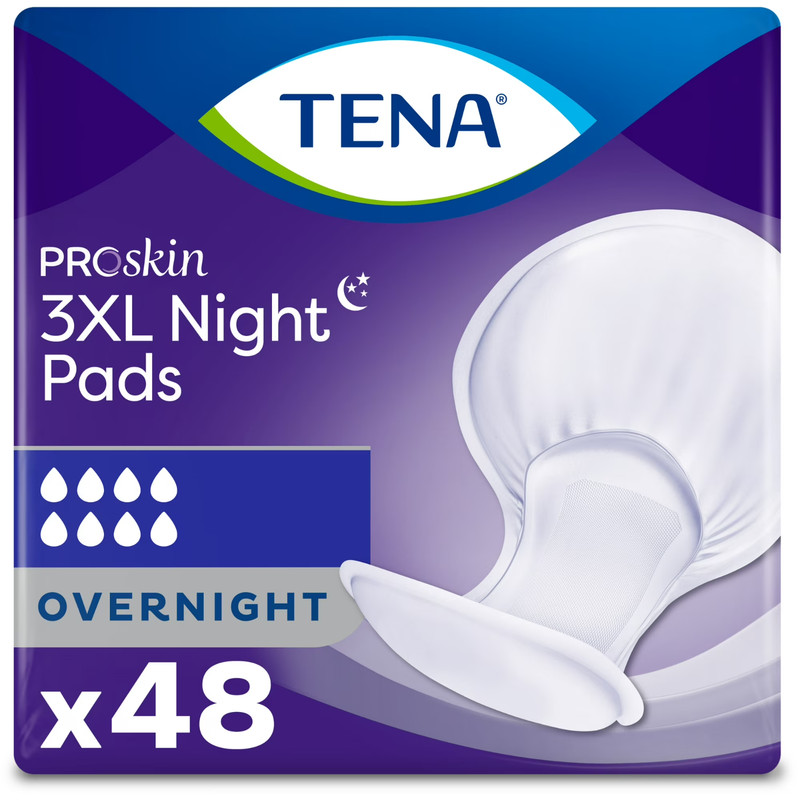 Tena ProSkin 3XL Incontinence Pads for Women and Men, Overnight Absorbency, 48c