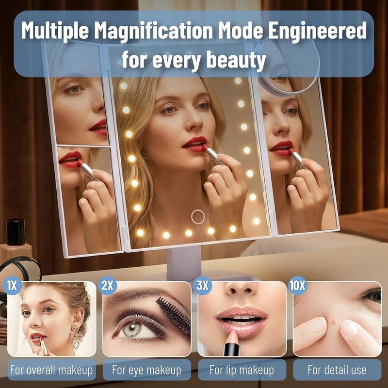 Ms. Pen- Tri-Fold Makeup Mirror Vanity W/ Lights 9" x 13.6" 1X/2X/3X/10X gallery