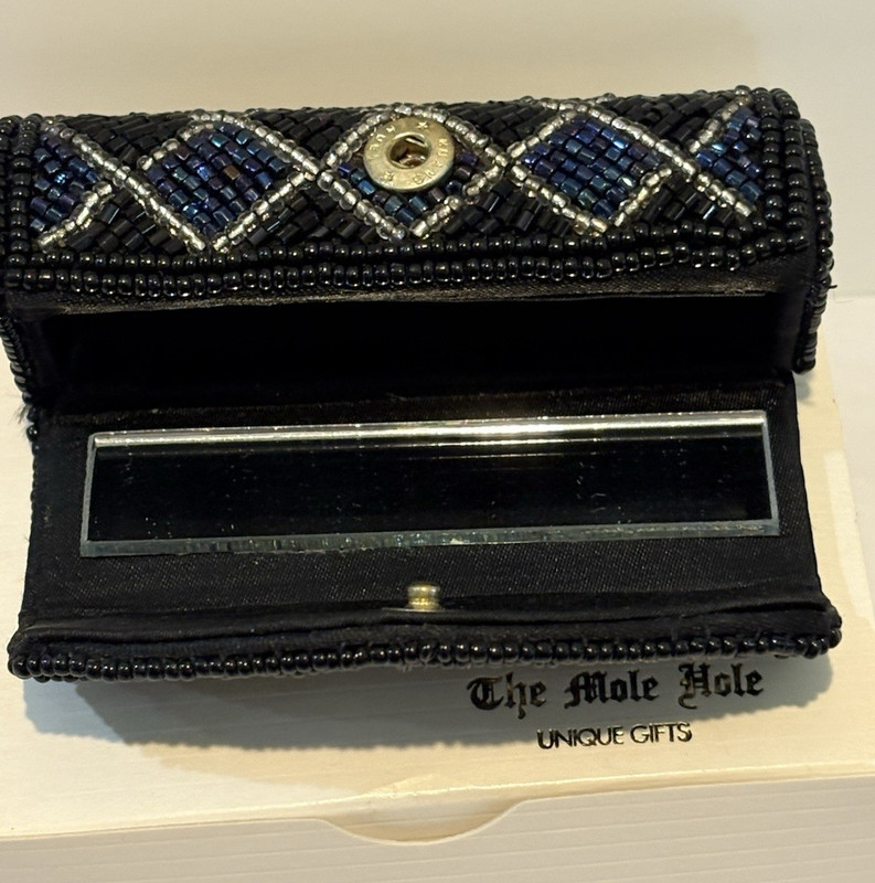 Vtg, Beaded Lipstick Case Holder W/ Mirror & Snap Closure Black/Blue/Silver/Box gallery