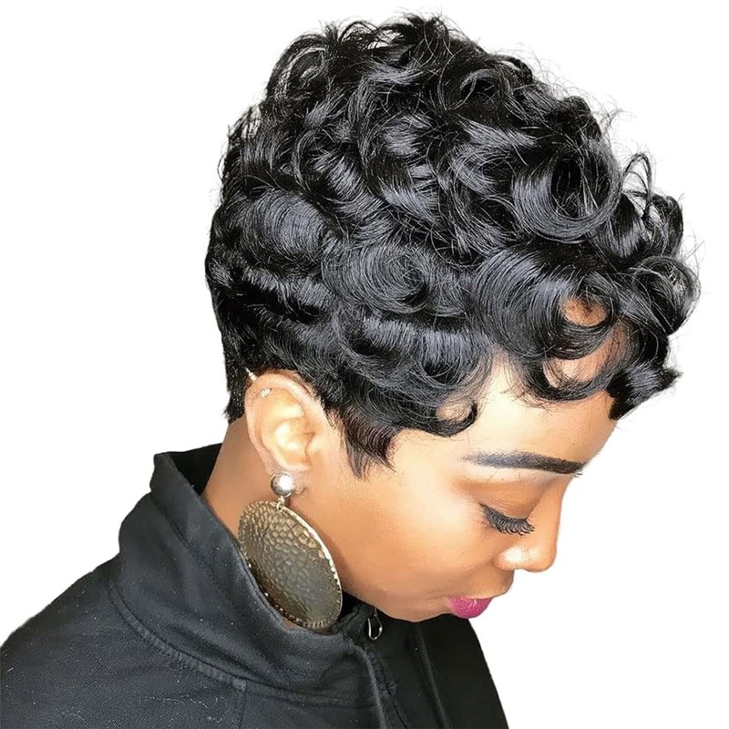 Human Hair Wig Pixie Cut Wigs for Black Women Curly Pixie Cut Wig With Bangs