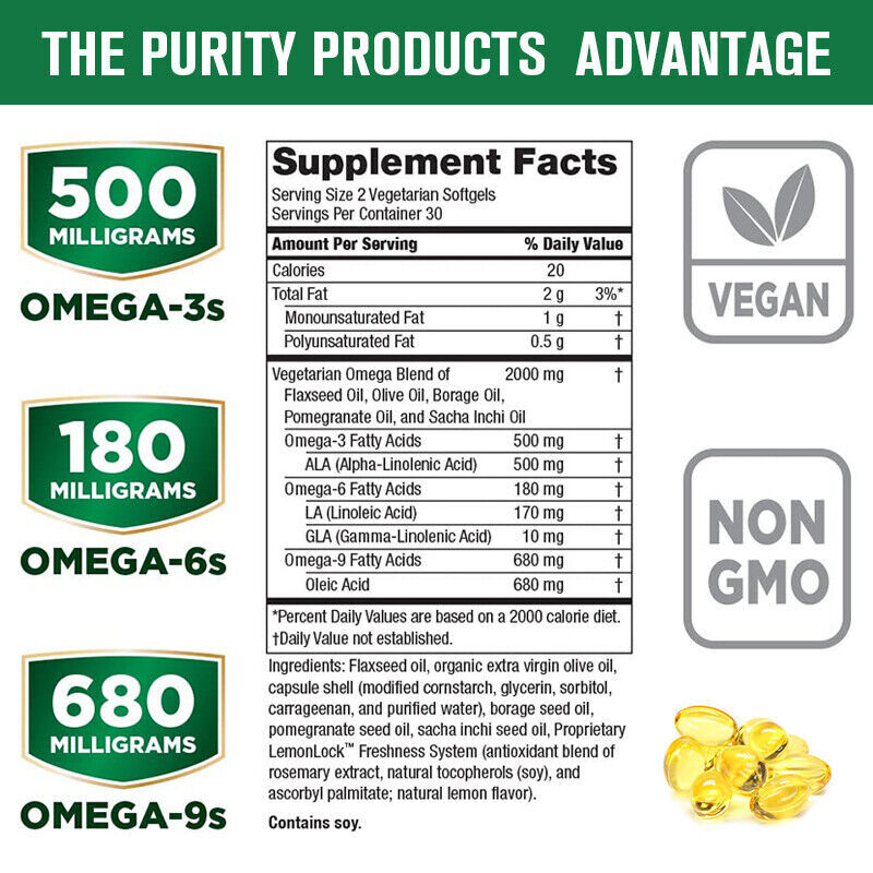 Omega 3 6 9 Vegan Capsules 1360mg High Strength Fatty Acids Immune Support USA gallery