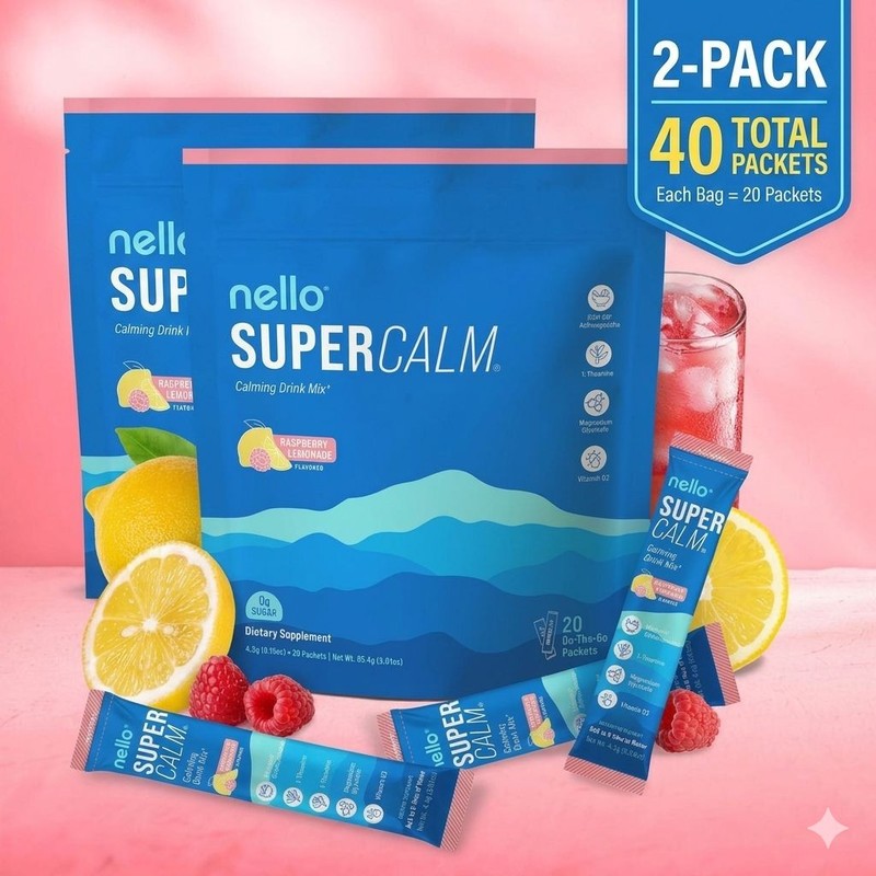 Nello Supercalm Calming Drink Mix – Raspberry Lemonade 2 Bags (40 Sticks Total)