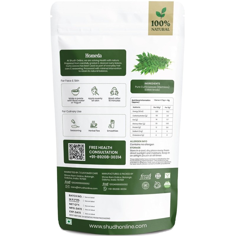Shudh Online Curry Leaf Powder for Hair Growth Fresh Dried Kadi Patta Leaves100g gallery