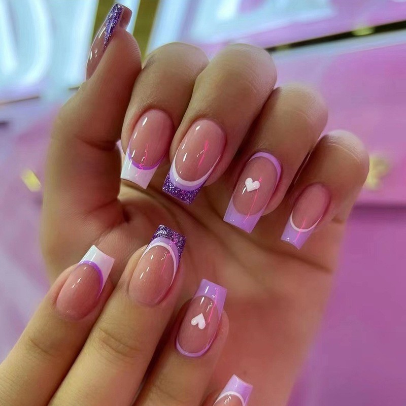48Pcs-Purple French Heart Long Square Press on Nails Purple Glitter Fake Tips