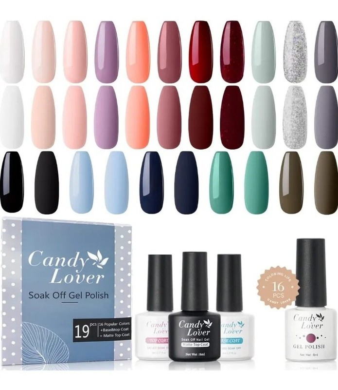 Candy Lover Gel Nail Polish Set 19 PCs 16 Popular Colors. Matte And Gloss Top