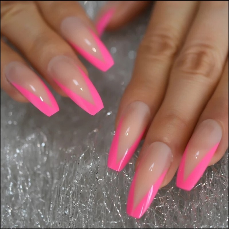 24 Hot girl Pink rim Press on nails nude border v shape extra long coffin gallery