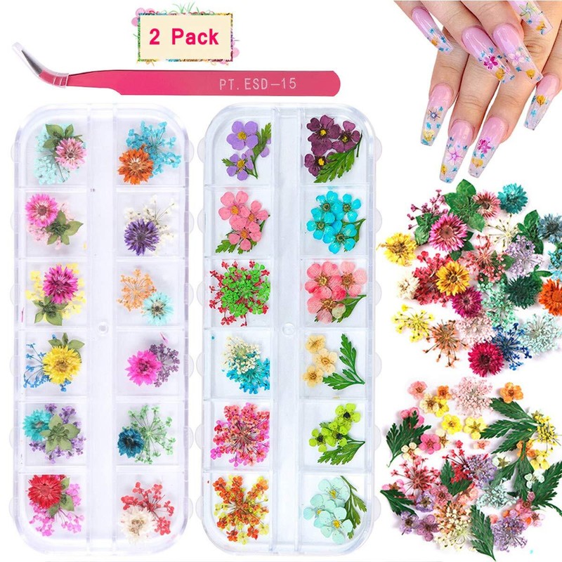 2 Cajas De Flores Secas Para Decoracion De Unas, 24 Colores De Flores Secas M…