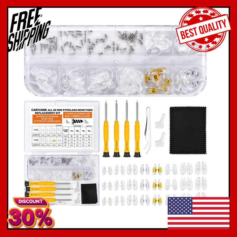 Eyeglass Nose Pads Replacement with 4 Sizes Screws, 24 Pairs Screw-in Glasses