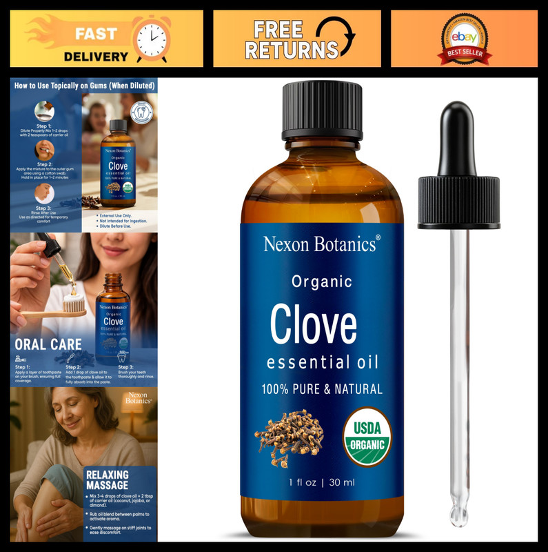 Organic Clove Essential Oil 30ml – Pure, Natural, Undiluted for Toothache, Muscl