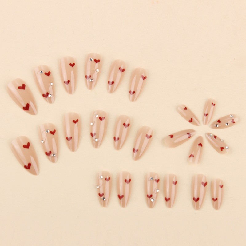 48Pcs-Sweet Oval False Nails Nude Red Heart Clear Rhinestone Press on Nails gallery
