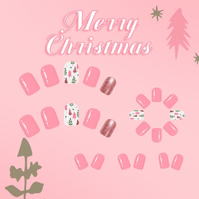 48pcs Christmas Pink Press On Nails Glitter Festive Holiday Wearable Nail Art gallery