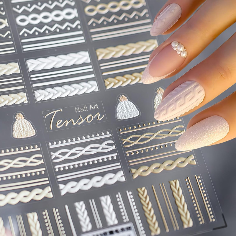 Winter Sweater Nail Art Stickers 5D Embossed Nail Decals Elegant Sweater Pattern