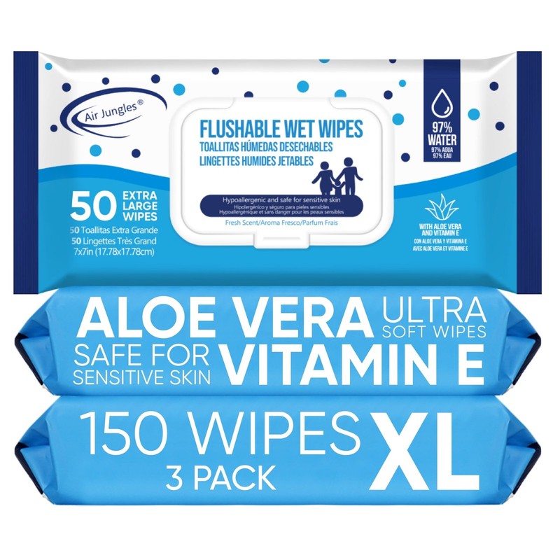 Flushable Wet Wipes 3 Packs, 150 Wipes, Fresh Scent, 7″ x 7″ Large Size