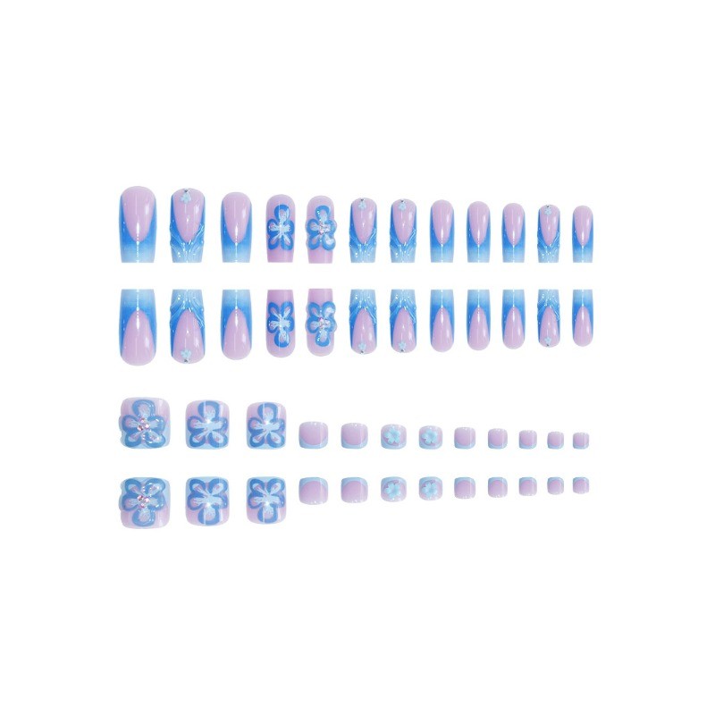 48Pcs-Summer Hand & Toe Coffin Nails Blue Wave 3D Flower Rhinestone Press on Set gallery