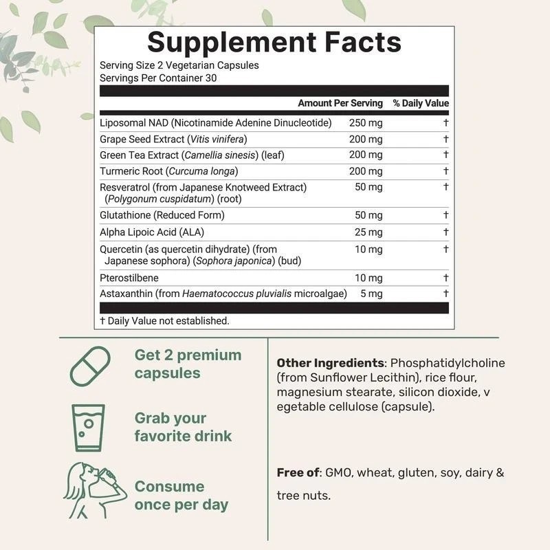 Liposomal NAD+ Ultimate 1,000mg | 60 Veggie Capsules | 10-in-1 with Resveratrol gallery