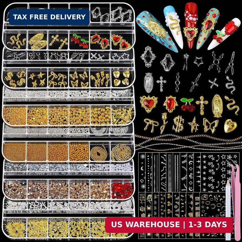 Teenitor Nail Charms and Gems with Nail Stickers, 6 Boxes Silver & Gold Nail Gem