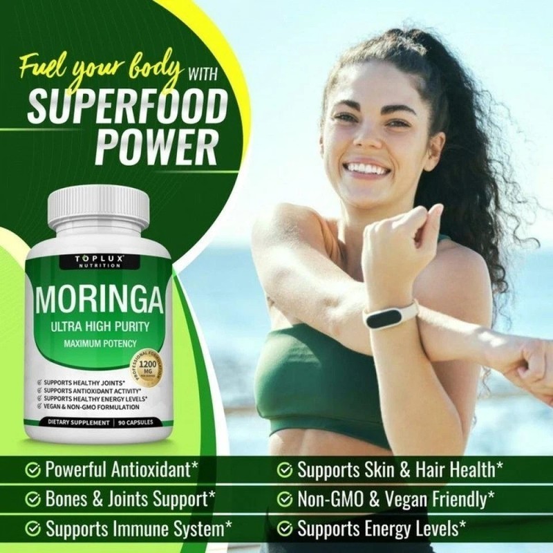TOPLUX Moringa Capsules 1200mg Pure Moringa Powder Immune Gut health 90 Capsules gallery