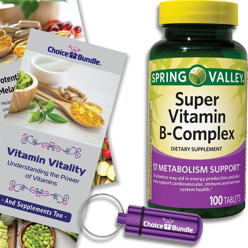 Spring Valley B-Complex 100 Tab Super B Vitamins + Bonus Vit Guide & Case
