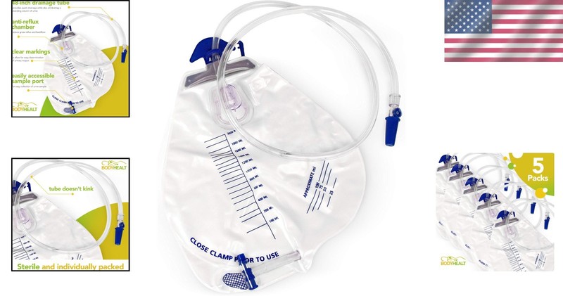 2000mL Vinyl Drainage Bag with Anti-Reflux, 5-Pack gallery