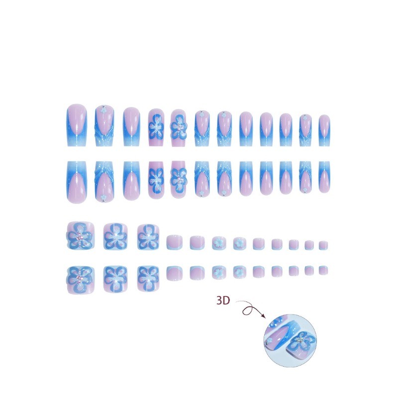 48Pcs-Summer Hand & Toe Coffin Nails Blue Wave 3D Flower Rhinestone Press on Set gallery