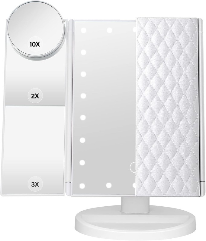 Vanity Makeup Mirror with Lights, 1X 2X 3X 10X Magnification, Tri-Fold, Portable