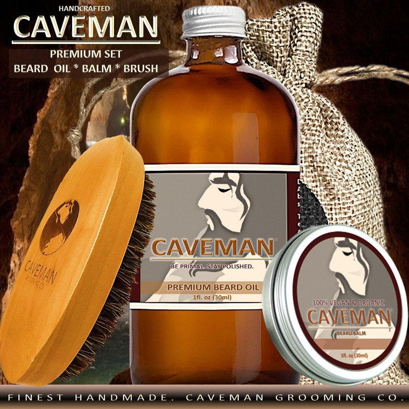 Hand Crafted Caveman® Beard Oil Conditioner + Beard Balm + Brush KIT
