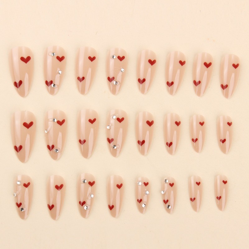 48Pcs-Sweet Oval False Nails Nude Red Heart Clear Rhinestone Press on Nails gallery