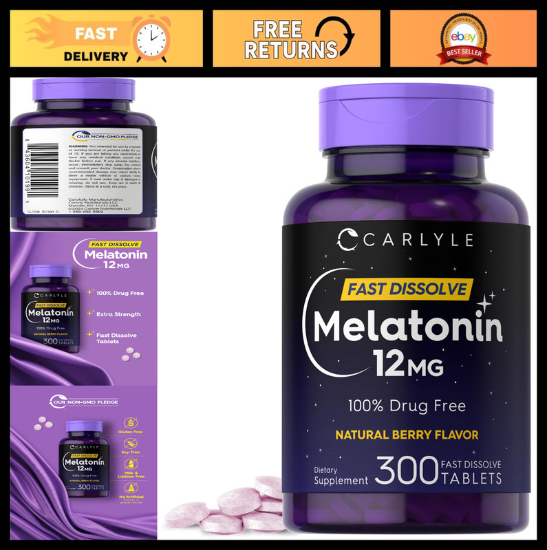 Melatonin 12mg Fast Dissolve Tablets – 300 Count | Drug-Free Sleep Aid | Vegan,