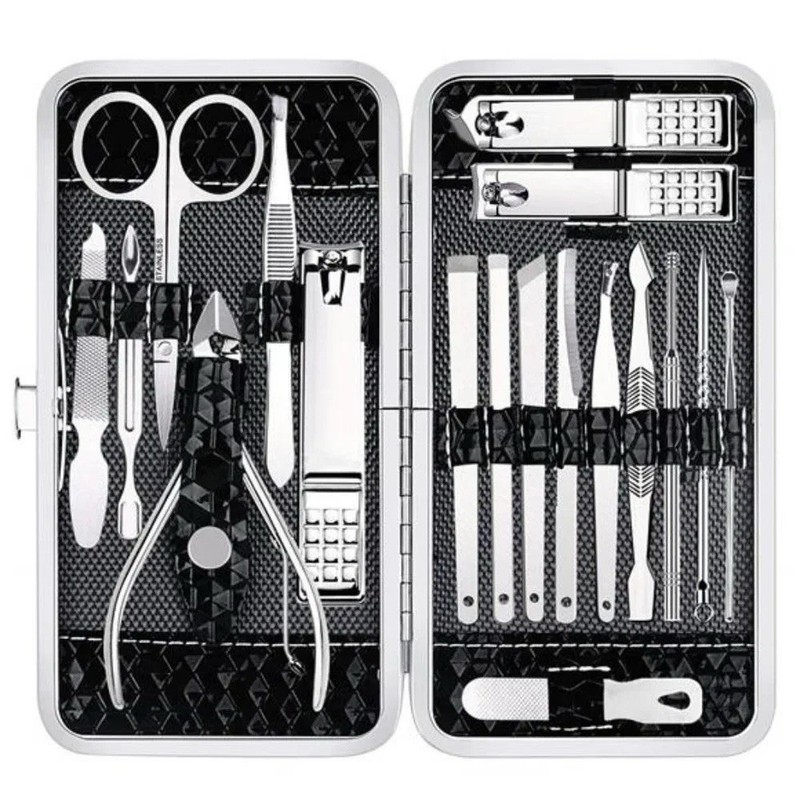 Manicure & Pedicure Metal Tool Kit w/ Case Silver/Black Clippers File Nipper