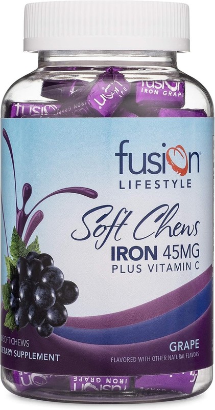 Iron Supplement for Women and Men, Grape Flavor, Soft Chewable Iron Vitamin C fo