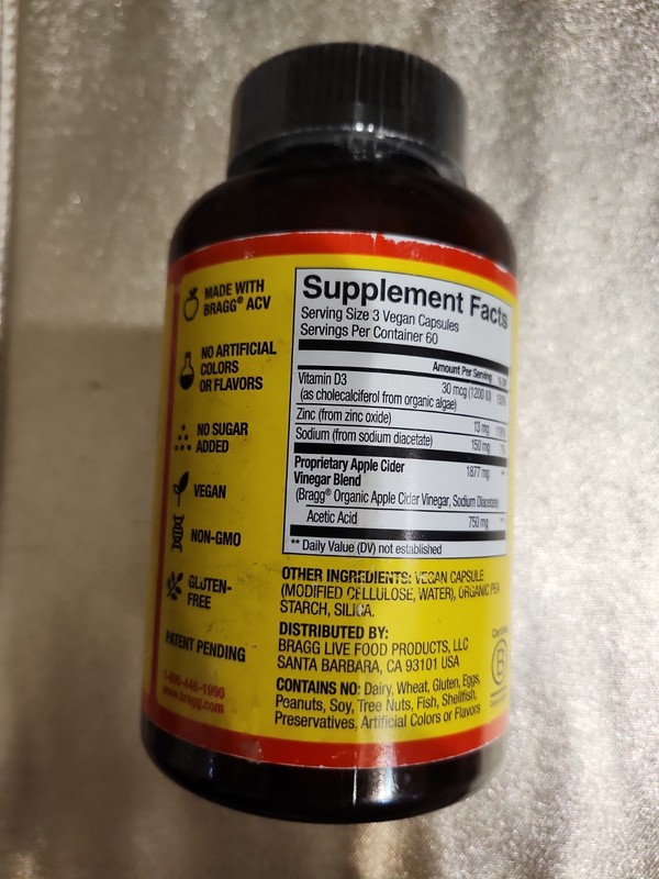 Bragg Apple Cider Vinegar Supplement Capsules - 180 Count - 750MG - Exp. 06/2028 gallery