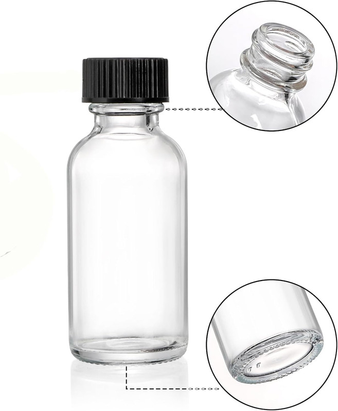 CLEAR GLASS Boston Round Bottles 1 oz (30 ml) with Caps (6-12-24-48 count)