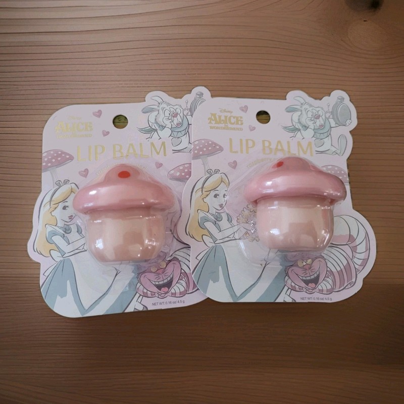 2 × Disney ALICE IN WONDERLAND Raspberry Scented Lip Balm Lot Set New Mushroom