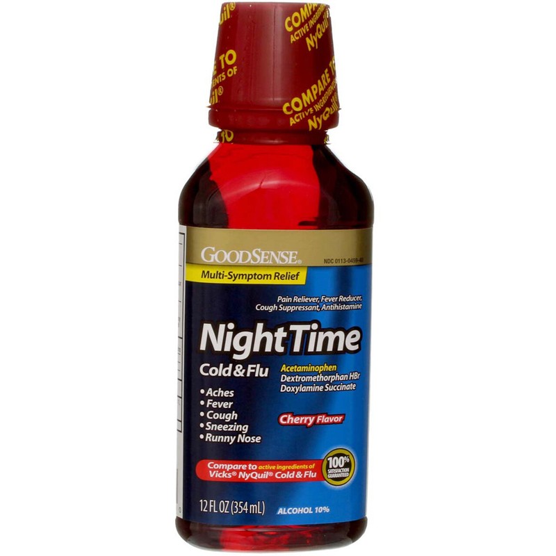 4 Pack GoodSense Acetaminophen Nighttime Cold & Flu Relief Liquid, Cherry, 12…