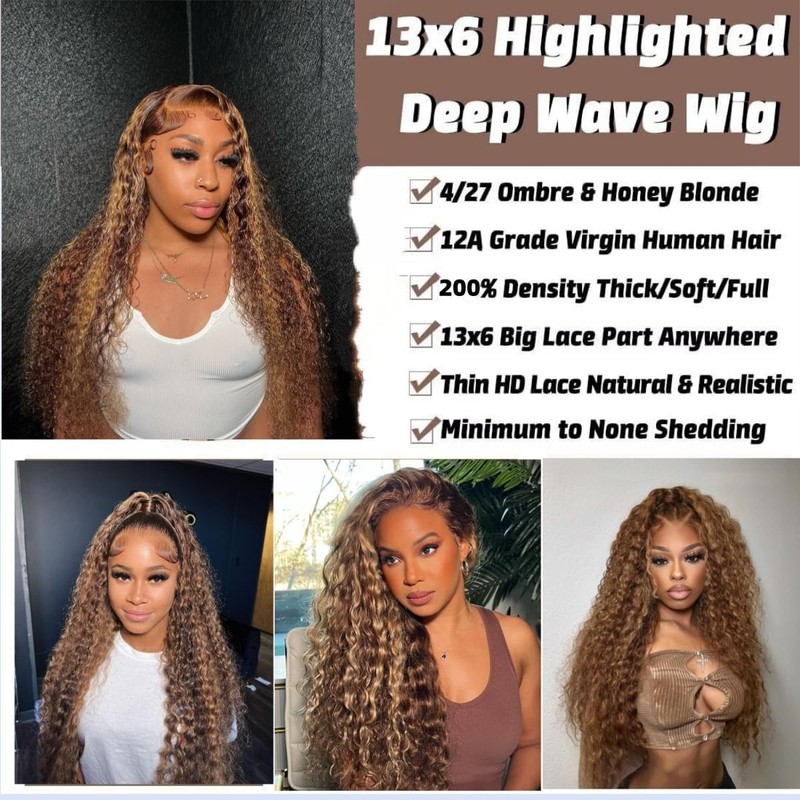 Daxundi Highlight Ombre Lace Front Wigs Human Hair 13X6 Honey Blonde Deep Wave gallery