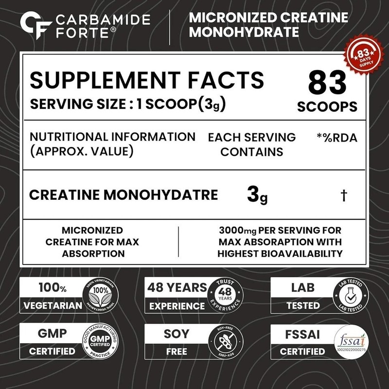 Creatine Mono Hydrate Powder | Micronized Monohydrate 250gm Unflavoured 80 Serv. gallery
