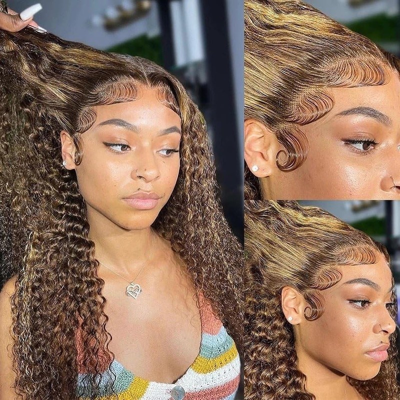 Daxundi Highlight Ombre Lace Front Wigs Human Hair 13X6 Honey Blonde Deep Wave gallery