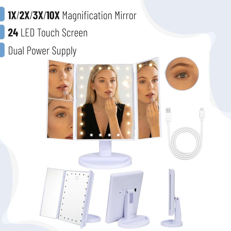 Ms. Pen- Tri-Fold Makeup Mirror Vanity W/ Lights 9" x 13.6" 1X/2X/3X/10X gallery
