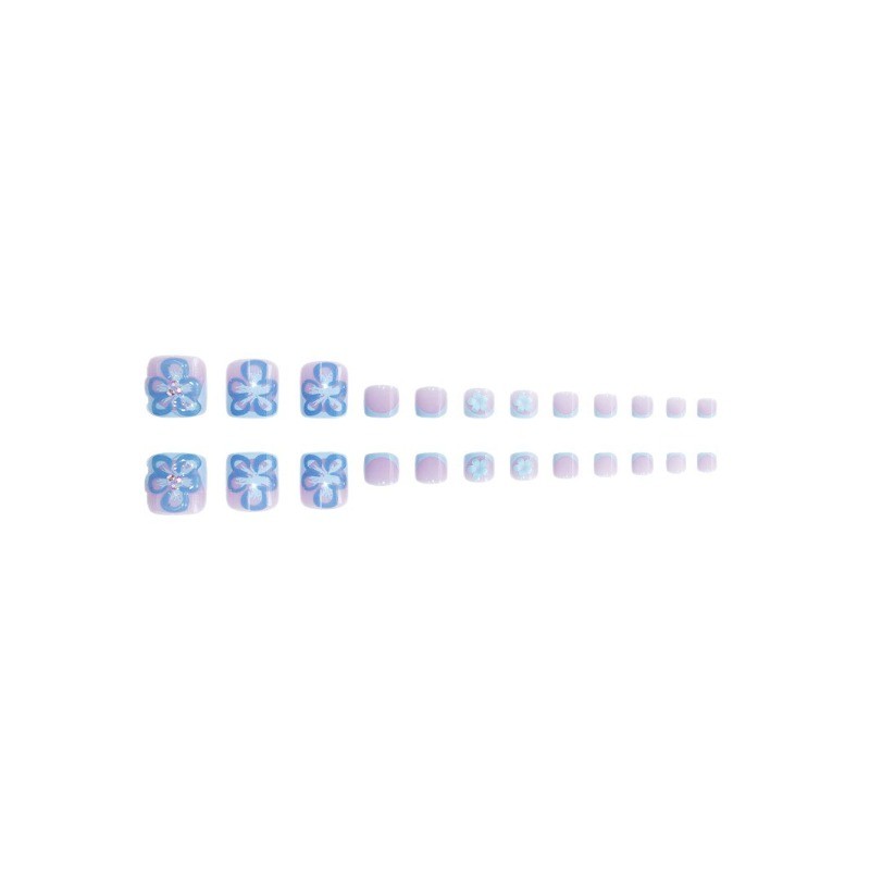 48Pcs-Summer Hand & Toe Coffin Nails Blue Wave 3D Flower Rhinestone Press on Set gallery