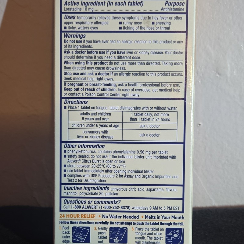 Alavert Non-Drowsy 24 Hour Loratadine 10mg ODT 20 Ct Citrus Burst Exp 8/2027 gallery