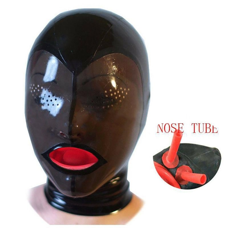 Latex Hood with Nose Tube Rubber Mask Mesh Eyes Club Wear Cosplay Fetish BDSM