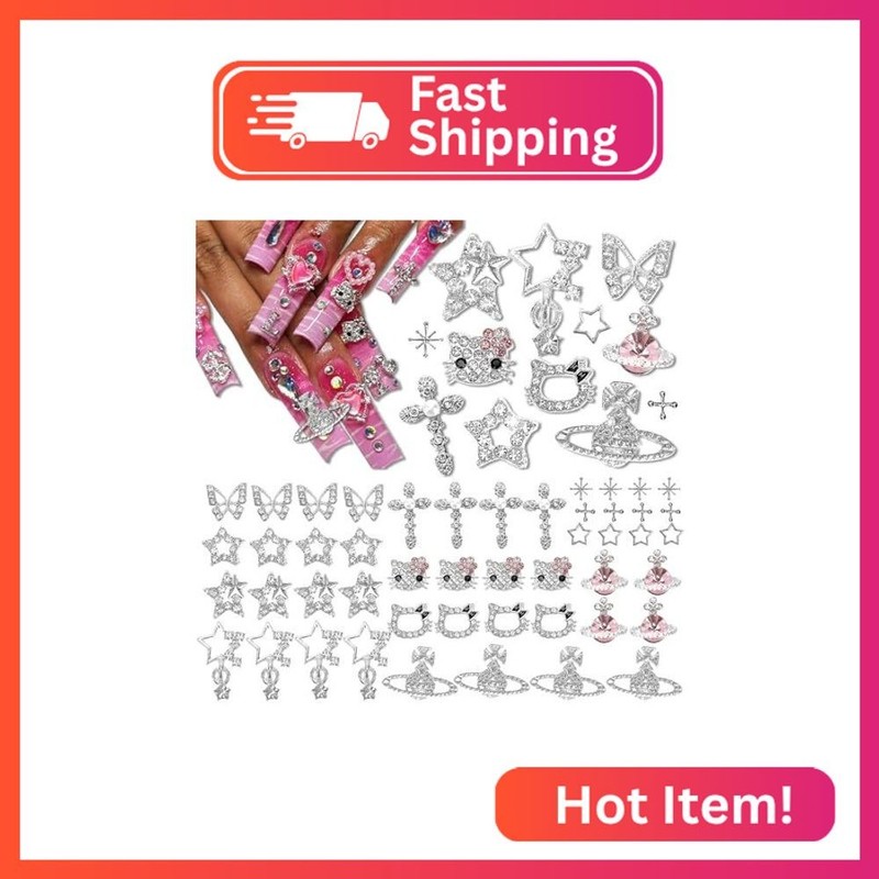 Namifin 48PCS Y2K Nail Charms and Gems 3D Silver Star Butterfly Planet Corss Nai