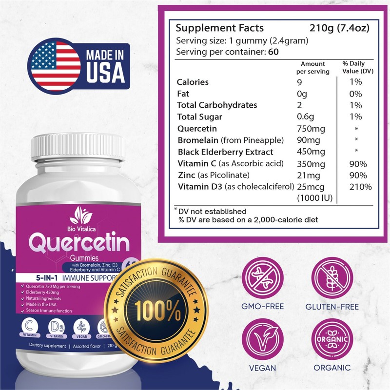 Quercetin Gummies 750mg with Bromelain Vitamin C D3 Zinc & Elderberry - 5 in 1 gallery